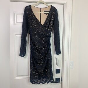 Nicole Miller Black Lace Plunge Ruched Dress